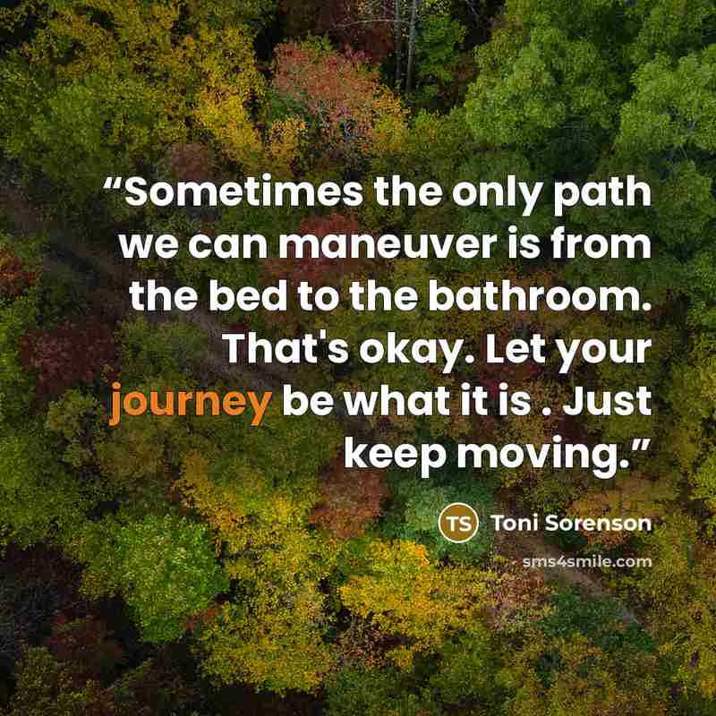 “Sometimes the only path we can maneuver is from the bed to the bathroom. That's okay. Let your journey be what it is . Just keep moving.” quote by Toni Sorenson