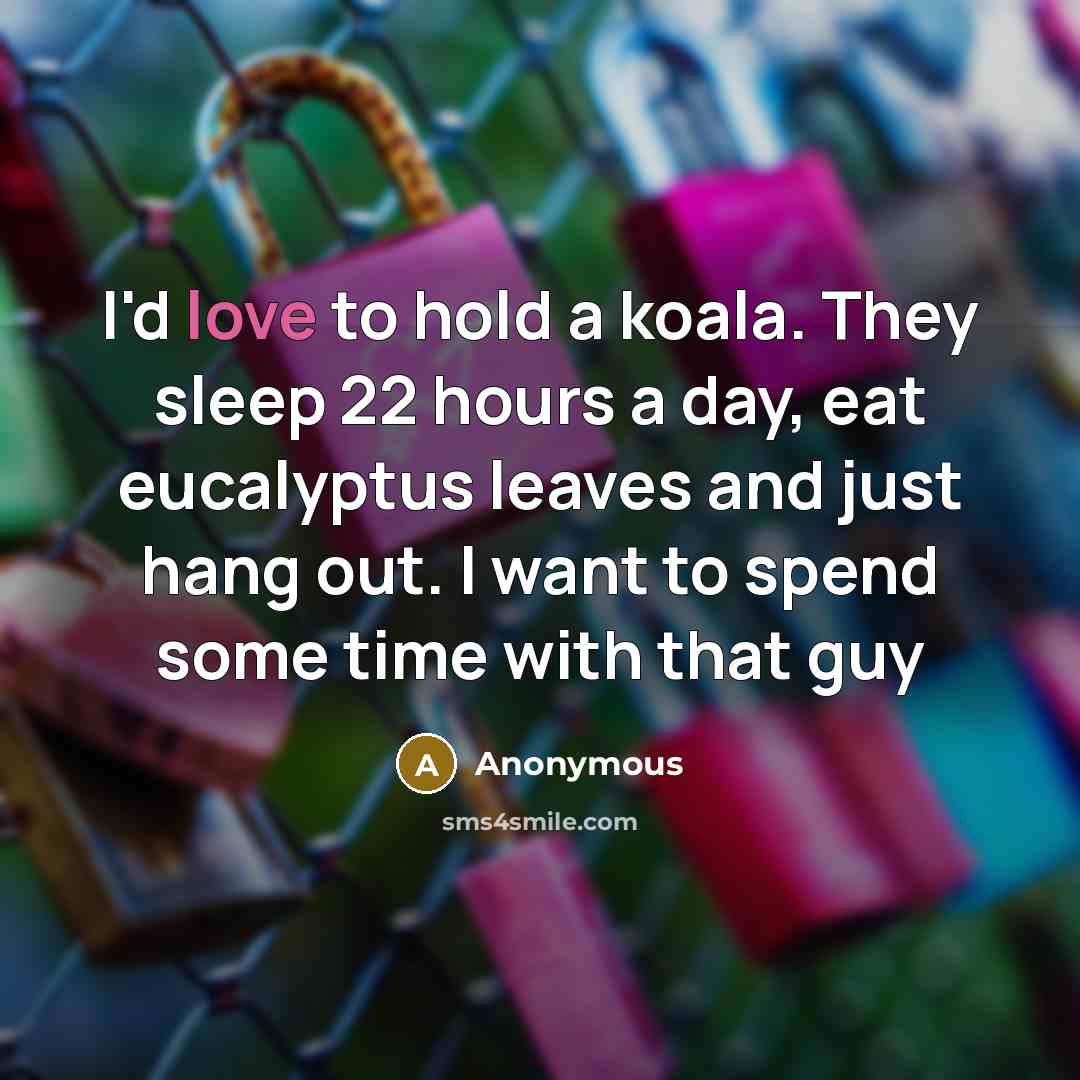 “I'd love to hold a koala. They sleep 22 hours a day, eat eucalyptus leaves and just hang out. I want to spend some time with that guy” quote by Anonymous