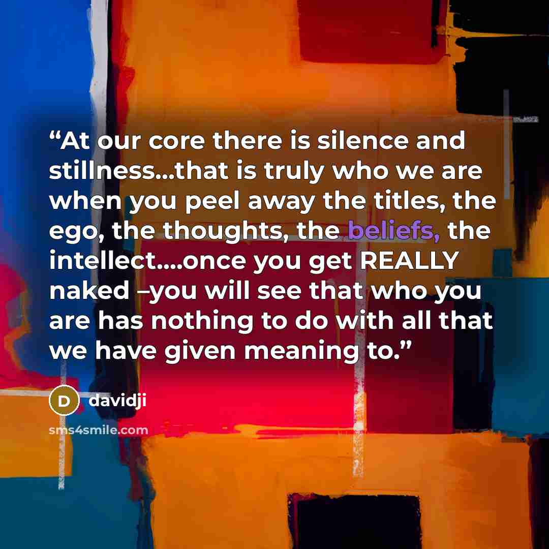 “At our core there is silence and stillness…that is truly who we are when you peel away the titles, the ego, the thoughts, the beliefs, the intellect….once you get REALLY naked –you will see that who you are has nothing to do with all that we have given meaning to.” quote by davidji