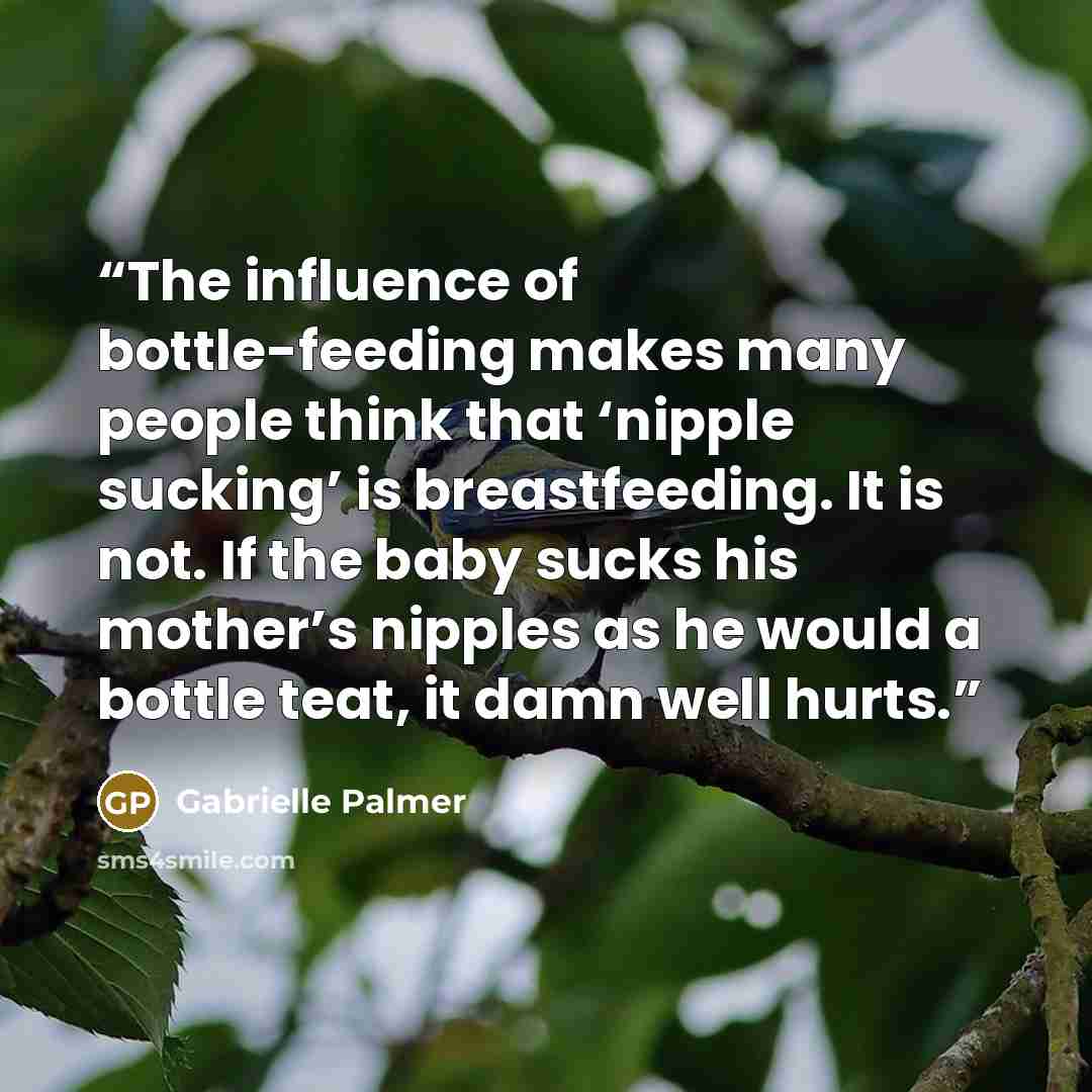 “The influence of bottle-feeding makes many people think that ‘nipple sucking’ is breastfeeding. It is not. If the baby sucks his mother’s nipples as he would a bottle teat, it damn well hurts.” quote by Gabrielle Palmer