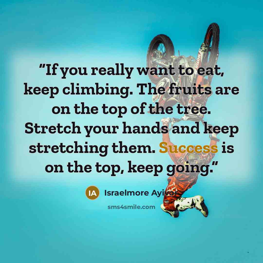 “If you really want to eat, keep climbing. The fruits are on the top of the tree. Stretch your hands and keep stretching them. Success is on the top, keep going.” quote by Israelmore Ayivor