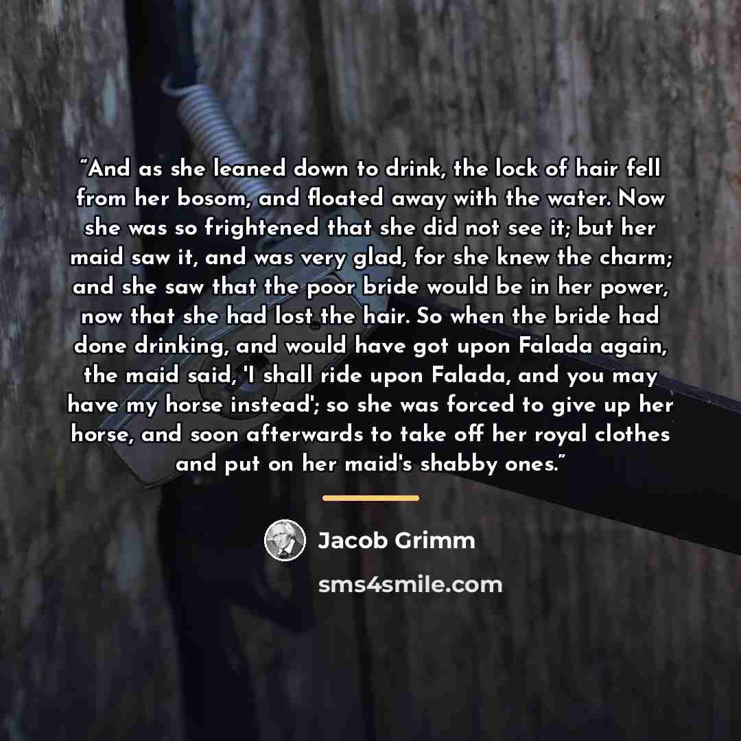 “And as she leaned down to drink, the lock of hair fell from her bosom, and floated away with the water. Now she was so frightened that she did not see it; but her maid saw it, and was very glad, for she knew the charm; and she saw that the poor bride would be in her power, now that she had lost…” quote by Jacob Grimm
