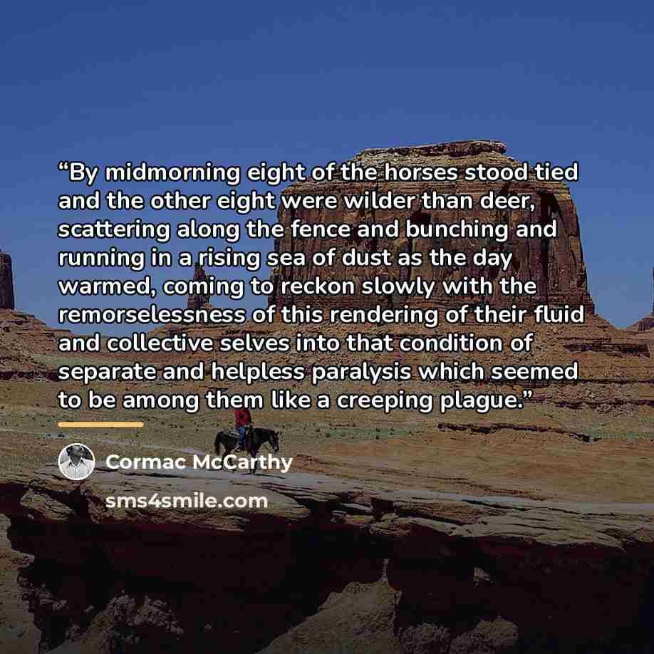 “By midmorning eight of the horses stood tied and the other eight were wilder than deer, scattering along the fence and bunching and running in a rising sea of dust as the day warmed, coming to reckon slowly with the remorselessness of this rendering of their fluid and collective selves into that…” quote by Cormac McCarthy