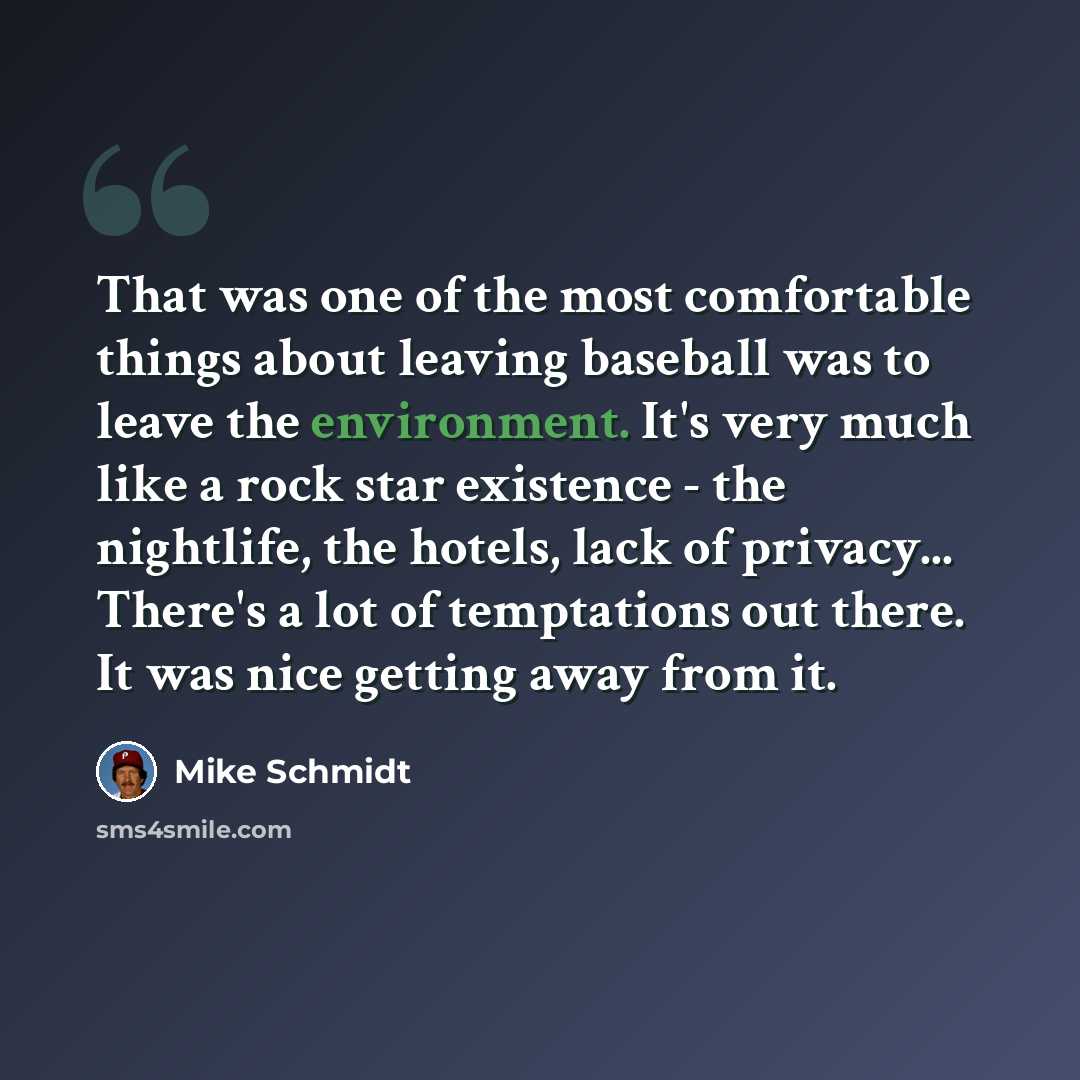 “That was one of the most comfortable things about leaving baseball was to leave the environment. It's very much like a rock star existence - the nightlife, the hotels, lack of privacy... There's a lot of temptations out there. It was nice getting away from it.” quote by Mike Schmidt