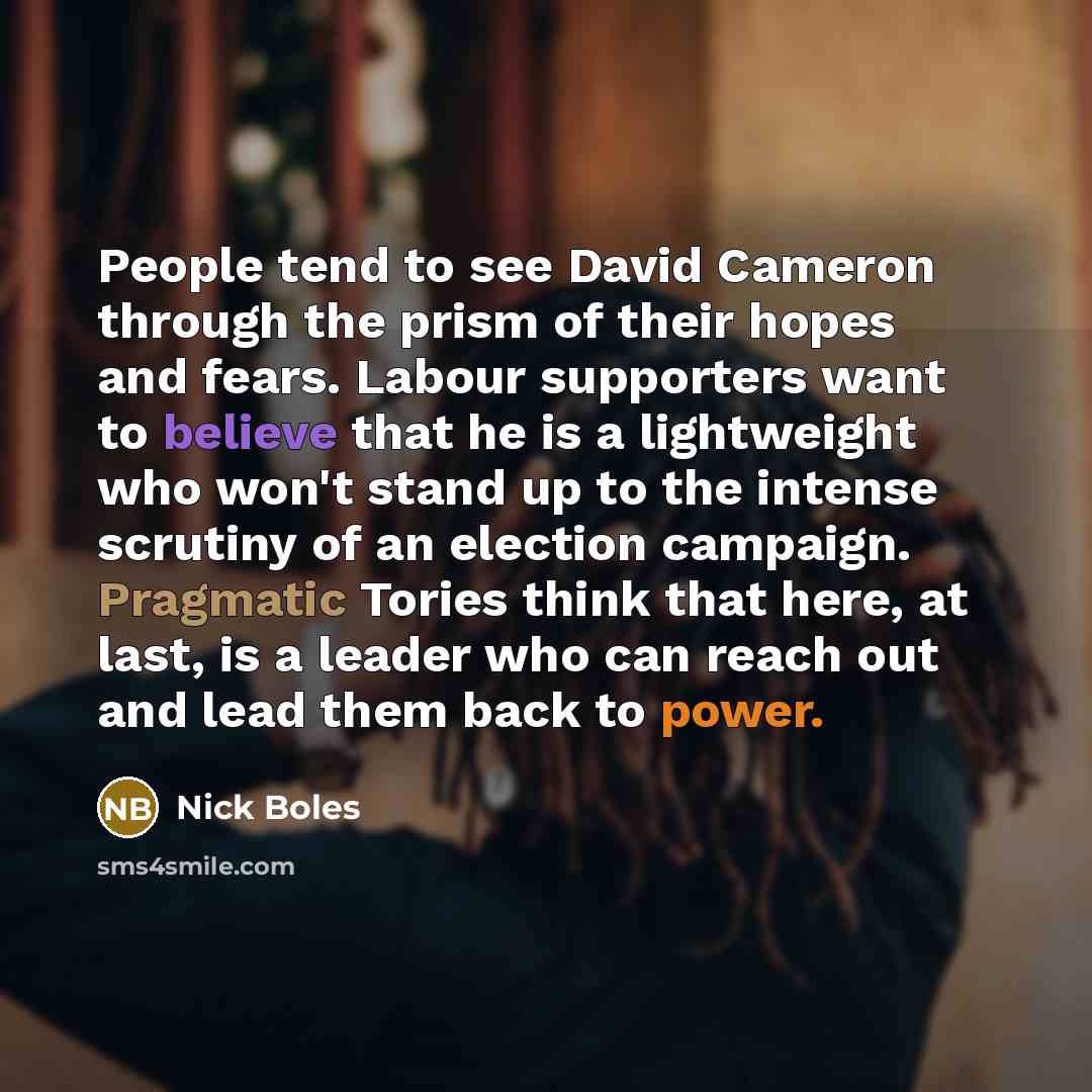“People tend to see David Cameron through the prism of their hopes and fears. Labour supporters want to believe that he is a lightweight who won't stand up to the intense scrutiny of an election campaign. Pragmatic Tories think that here, at last, is a leader who can reach out and lead them back to…” quote by Nick Boles