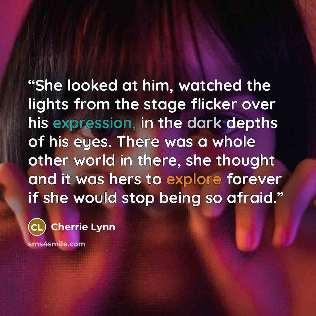 “She looked at him, watched the lights from the stage flicker over his expression, in the dark depths of his eyes. There was a whole other world in there, she thought and it was hers to explore forever if she would stop being so afraid.” quote by Cherrie Lynn