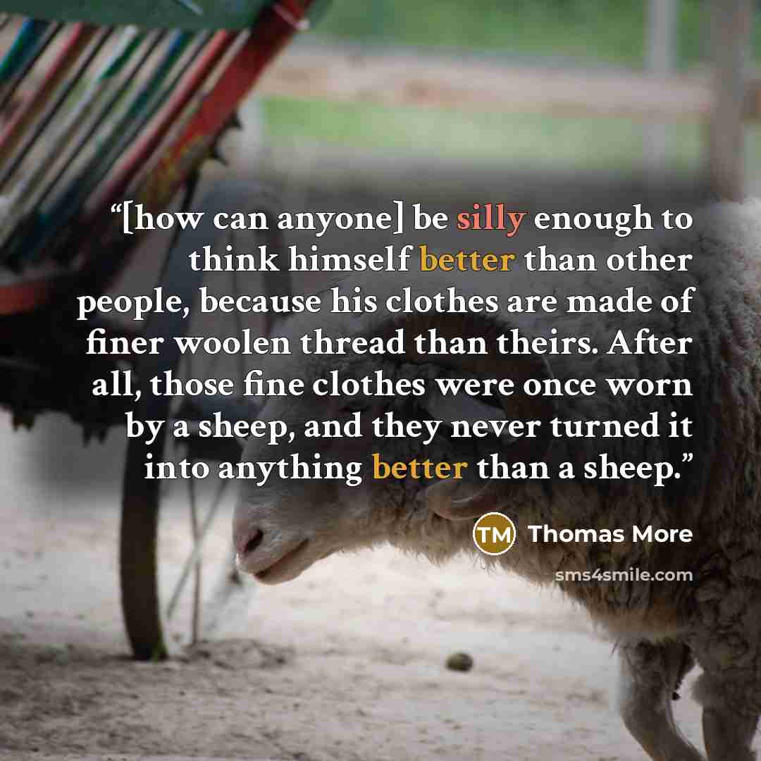 “[how can anyone] be silly enough to think himself better than other people, because his clothes are made of finer woolen thread than theirs. After all, those fine clothes were once worn by a sheep, and they never turned it into anything better than a sheep.” quote by Thomas More