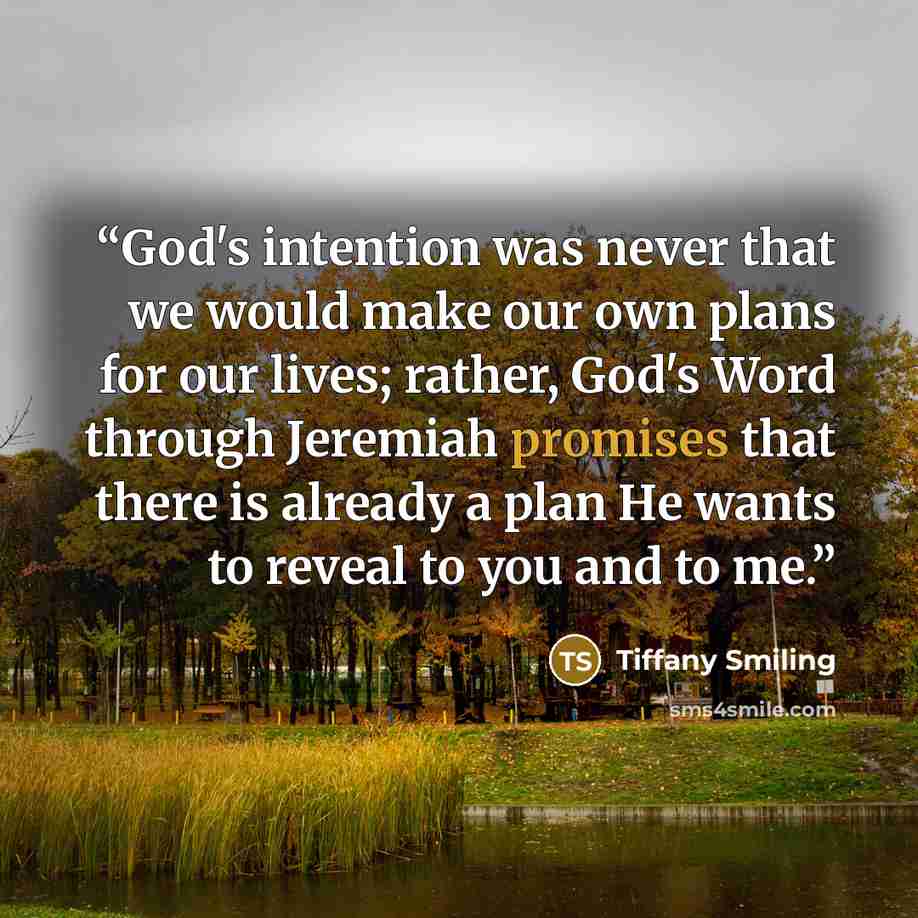 “God's intention was never that we would make our own plans for our lives; rather, God's Word through Jeremiah promises that there is already a plan He wants to reveal to you and to me.” quote by Tiffany Smiling