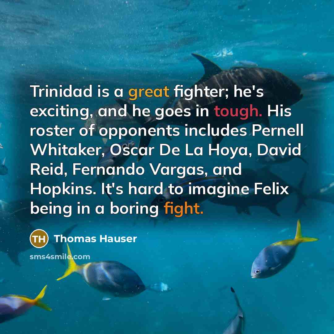 “Trinidad is a great fighter; he's exciting, and he goes in tough. His roster of opponents includes Pernell Whitaker, Oscar De La Hoya, David Reid, Fernando Vargas, and Hopkins. It's hard to imagine Felix being in a boring fight.” quote by Thomas Hauser