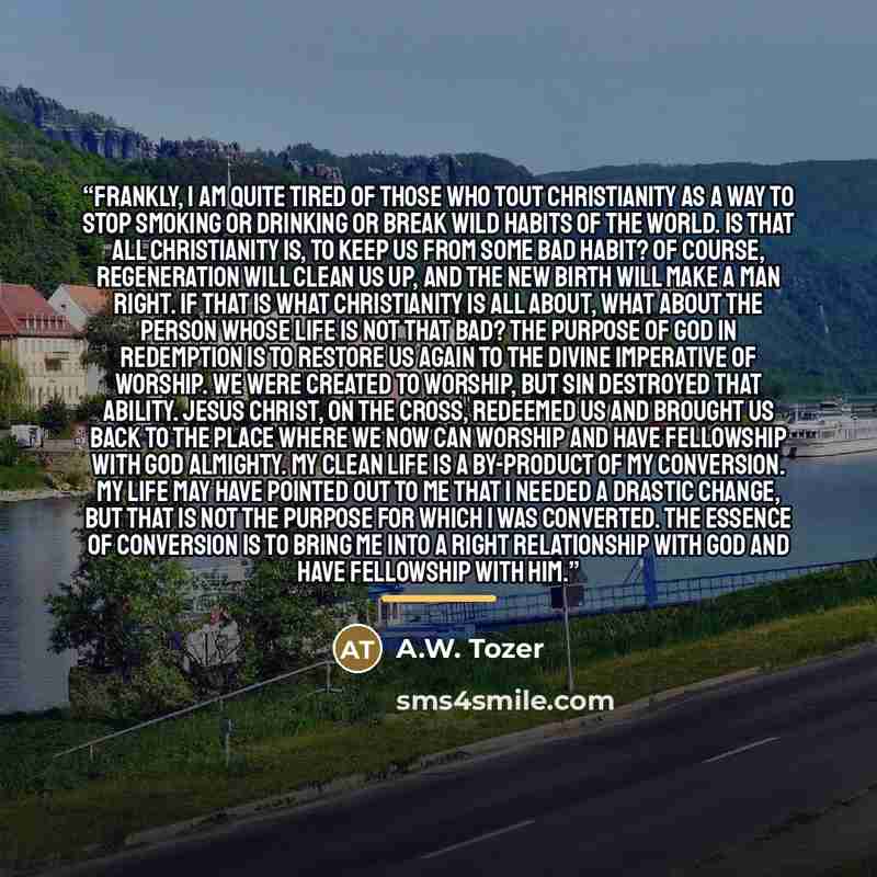 “Frankly, I am quite tired of those who tout Christianity as a way to stop smoking or drinking or break wild habits of the world. Is that all Christianity is, to keep us from some bad habit? Of course, regeneration will clean us up, and the new birth will make a man right. If that is what…” quote by A.W. Tozer