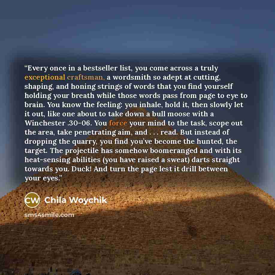 “Every once in a bestseller list, you come across a truly exceptional craftsman, a wordsmith so adept at cutting, shaping, and honing strings of words that you find yourself holding your breath while those words pass from page to eye to brain. You know the feeling: you inhale, hold it, then slowly…” quote by Chila Woychik