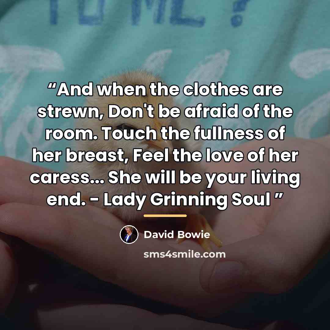 “And when the clothes are strewn, Don't be afraid of the room. Touch the fullness of her breast, Feel the love of her caress... She will be your living end. - Lady Grinning Soul” quote by David Bowie