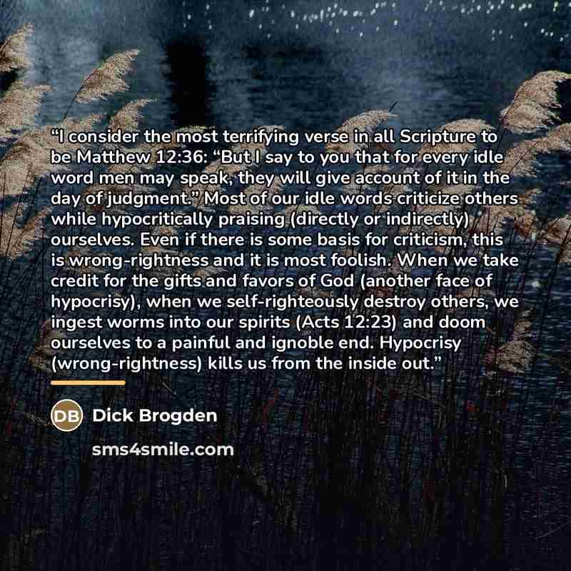 “I consider the most terrifying verse in all Scripture to be Matthew 12:36: “But I say to you that for every idle word men may speak, they will give account of it in the day of judgment.” Most of our idle words criticize others while hypocritically praising (directly or indirectly) ourselves. Even…” quote by Dick Brogden