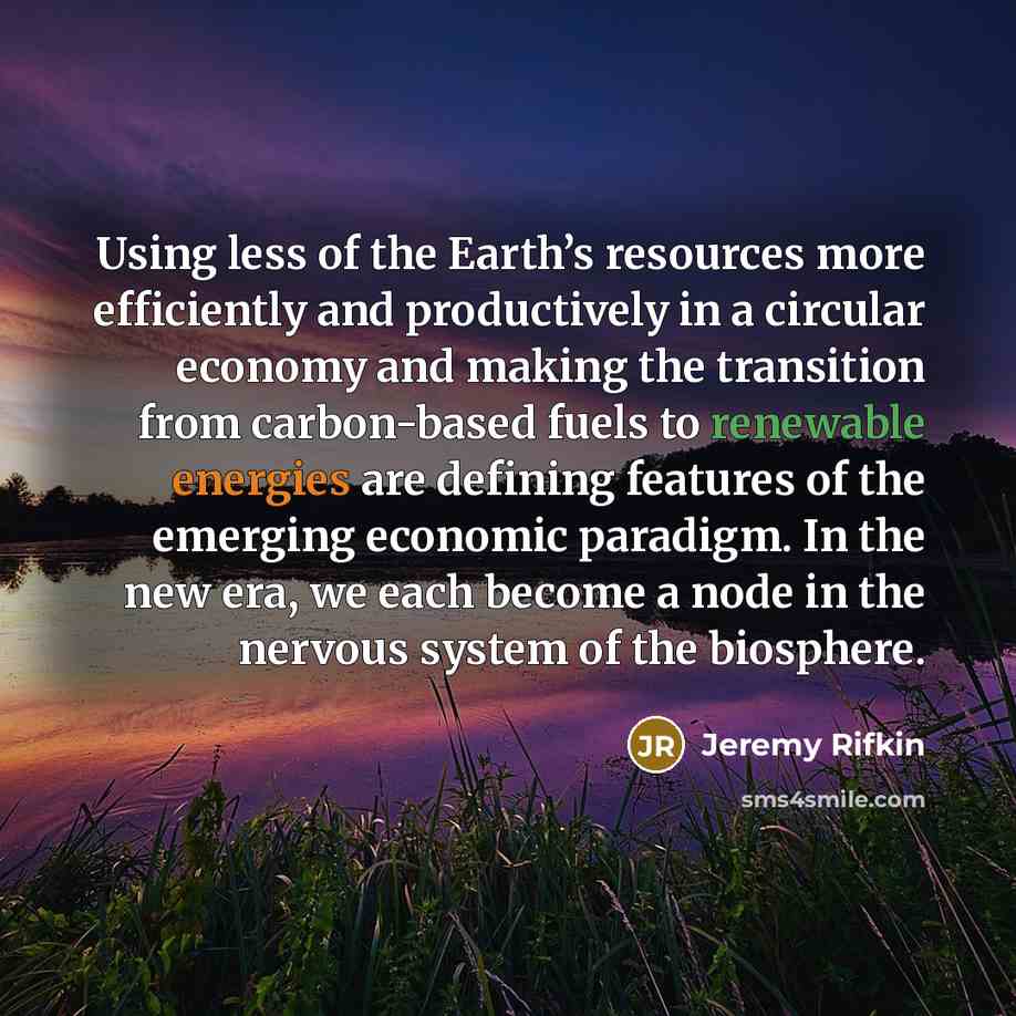 “Using less of the Earth’s resources more efficiently and productively in a circular economy and making the transition from carbon-based fuels to renewable energies are defining features of the emerging economic paradigm. In the new era, we each become a node in the nervous system of the biosphere.” quote by Jeremy Rifkin