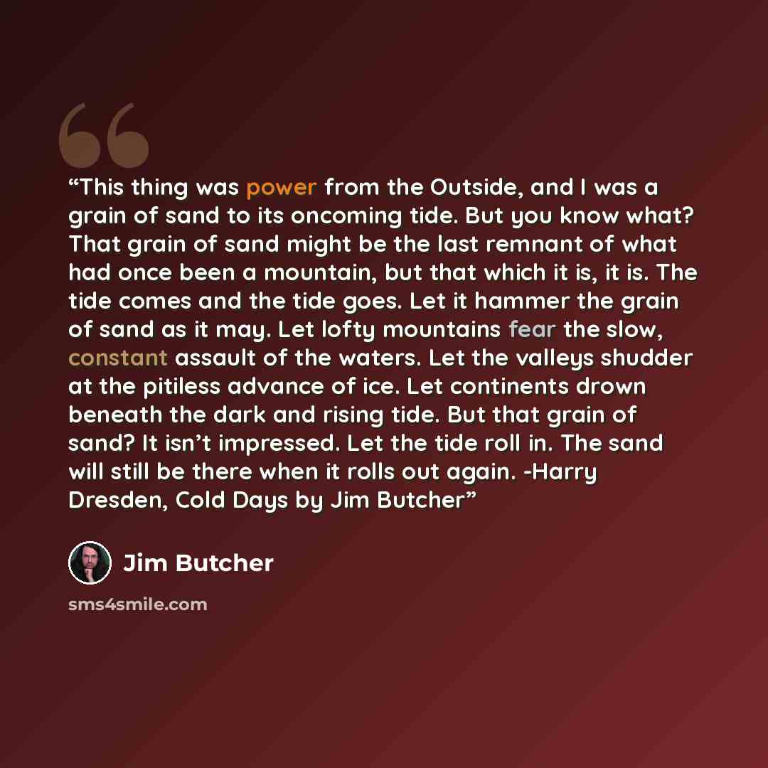 “This thing was power from the Outside, and I was a grain of sand to its oncoming tide. But you know what? That grain of sand might be the last remnant of what had once been a mountain, but that which it is, it is. The tide comes and the tide goes. Let it hammer the grain of sand as it may. Let…” quote by Jim Butcher