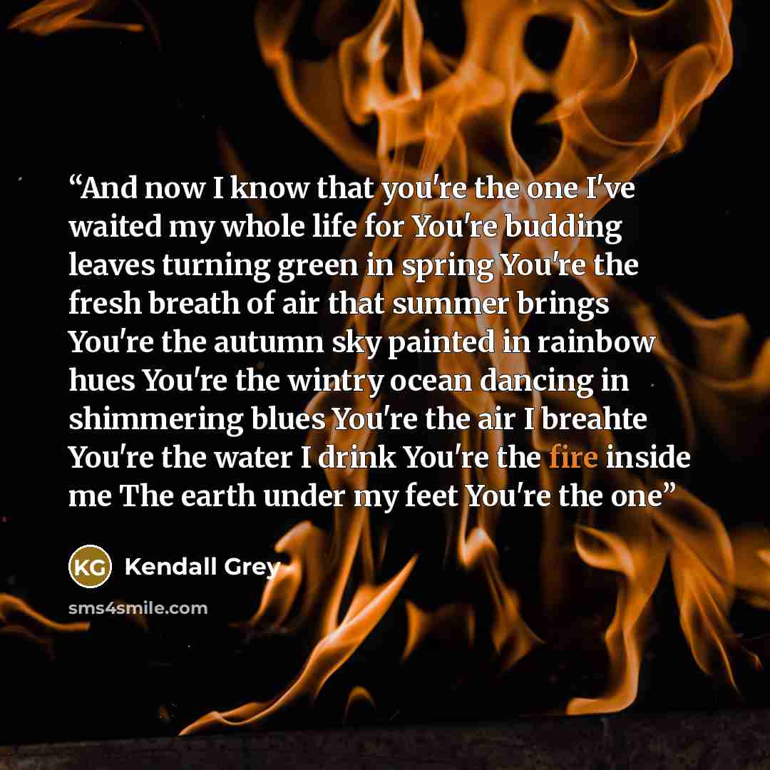“And now I know that you're the one I've waited my whole life for You're budding leaves turning green in spring You're the fresh breath of air that summer brings You're the autumn sky painted in rainbow hues You're the wintry ocean dancing in shimmering blues You're the air I breahte You're the…” quote by Kendall Grey