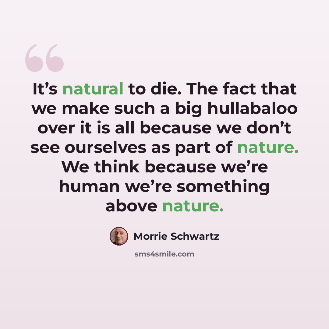 “It’s natural to die. The fact that we make such a big hullabaloo over it is all because we don’t see ourselves as part of nature. We think because we’re human we’re something above nature.” quote by Morrie Schwartz