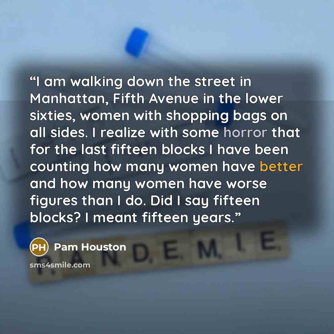 “I am walking down the street in Manhattan, Fifth Avenue in the lower sixties, women with shopping bags on all sides. I realize with some horror that for the last fifteen blocks I have been counting how many women have better and how many women have worse figures than I do. Did I say fifteen…” quote by Pam Houston