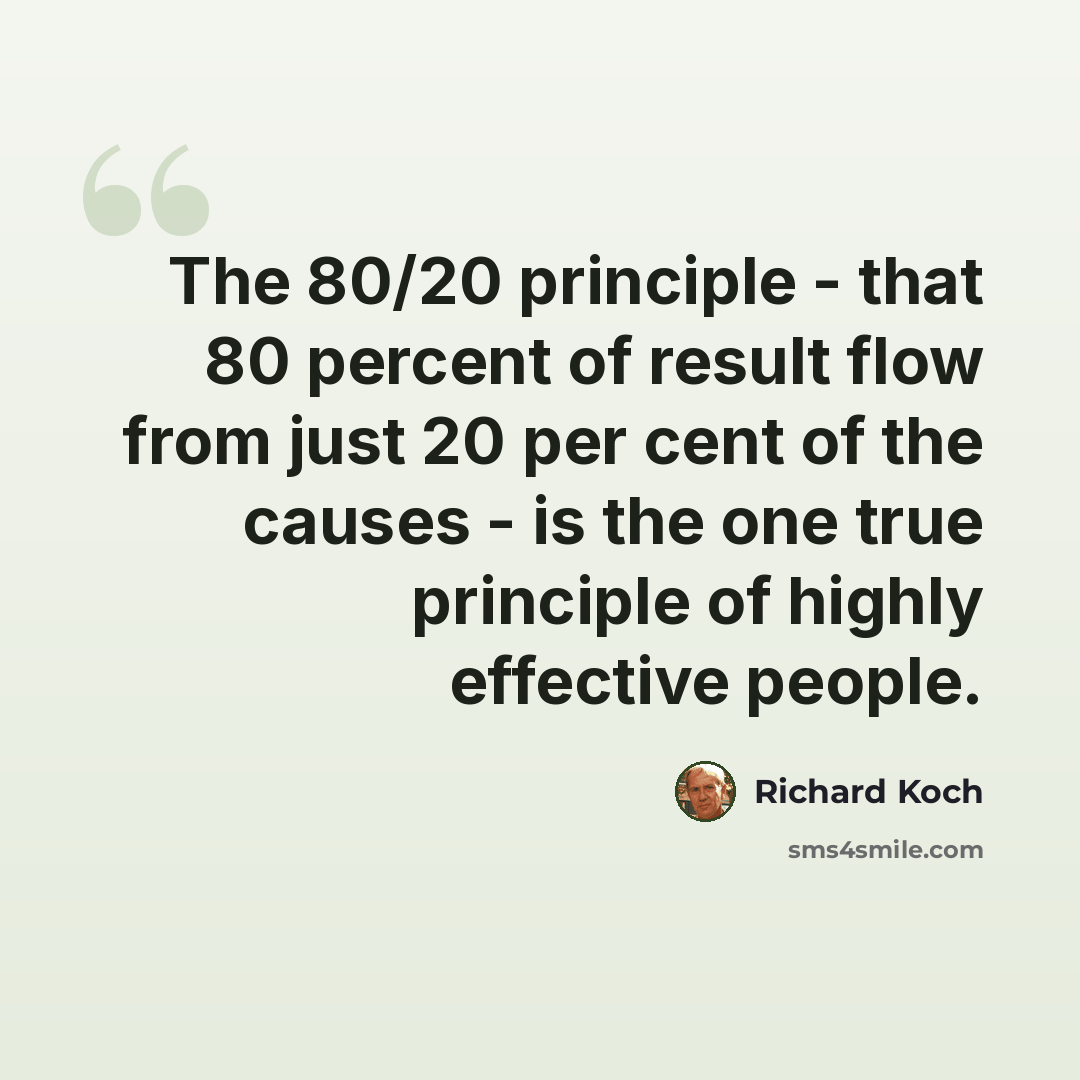 “The 80/20 principle - that 80 percent of result flow from just 20 per cent of the causes - is the one true principle of highly effective people.” quote by Richard Koch