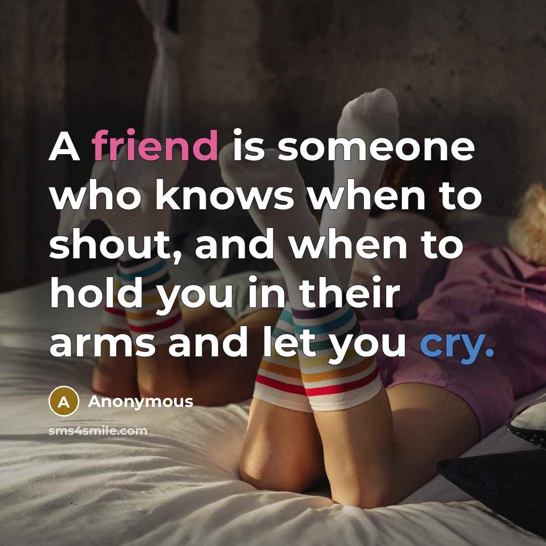 “A friend is someone who knows when to shout, and when to hold you in their arms and let you cry.” quote by Anonymous