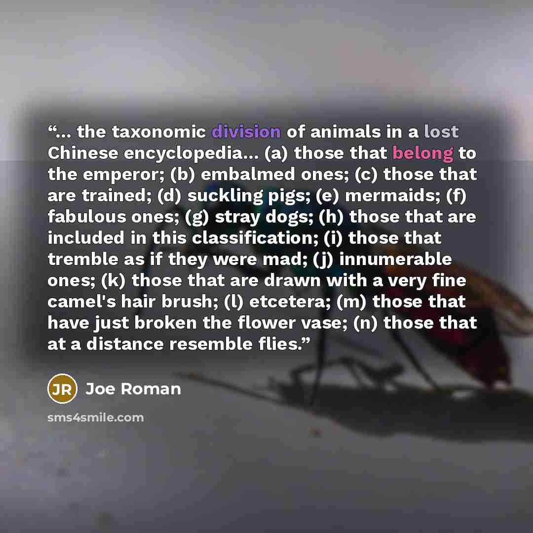 “... the taxonomic division of animals in a lost Chinese encyclopedia... (a) those that belong to the emperor; (b) embalmed ones; (c) those that are trained; (d) suckling pigs; (e) mermaids; (f) fabulous ones; (g) stray dogs; (h) those that are included in this classification; (i) those that…” quote by Joe Roman