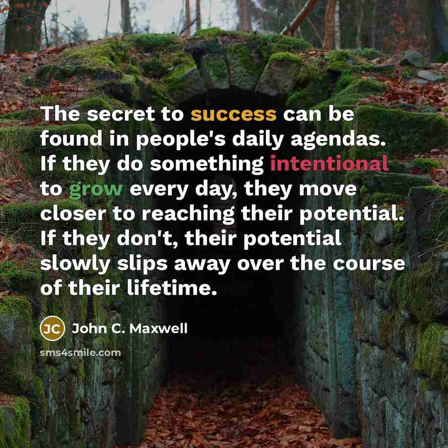 “The secret to success can be found in people's daily agendas. If they do something intentional to grow every day, they move closer to reaching their potential. If they don't, their potential slowly slips away over the course of their lifetime.” quote by John C. Maxwell