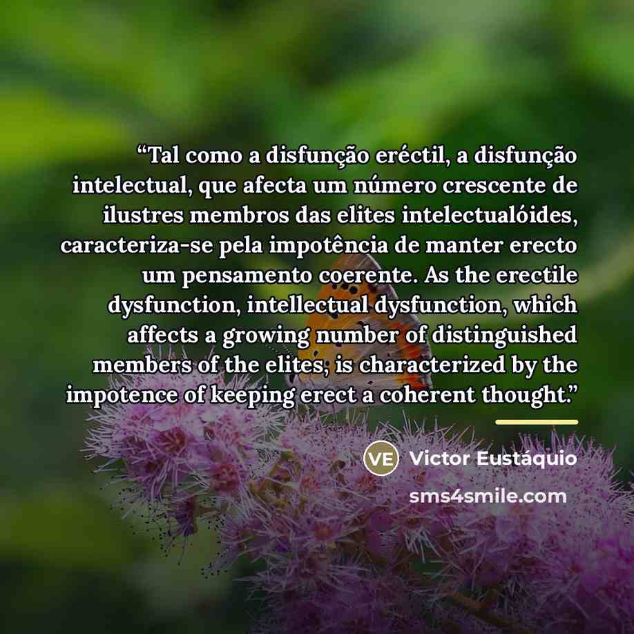 “Tal como a disfunção eréctil, a disfunção intelectual, que afecta um número crescente de ilustres membros das elites intelectualóides, caracteriza-se pela impotência de manter erecto um pensamento coerente. As the erectile dysfunction, intellectual dysfunction, which affects a growing number of…” quote by Victor Eustáquio