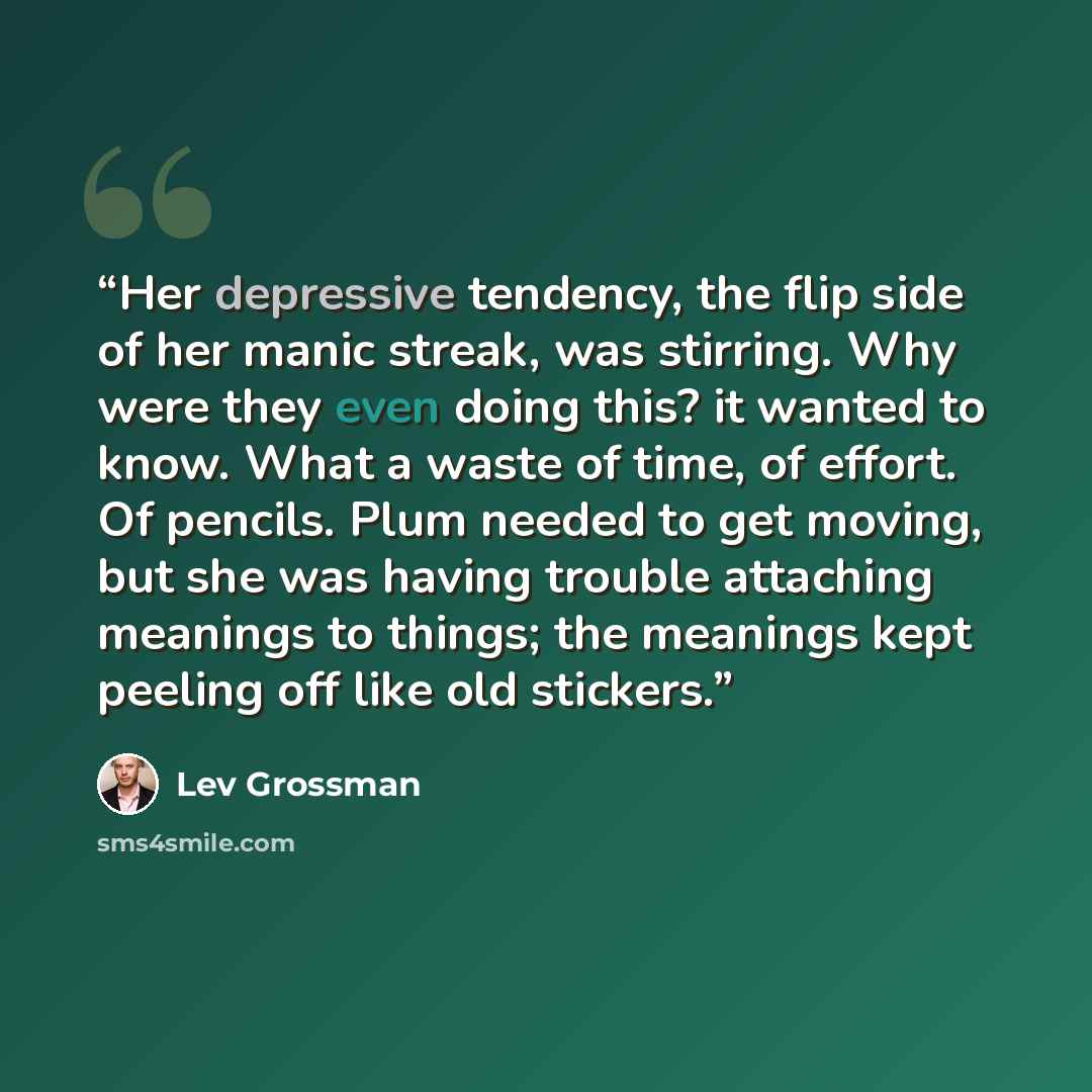 “Her depressive tendency, the flip side of her manic streak, was stirring. Why were they even doing this? it wanted to know. What a waste of time, of effort. Of pencils. Plum needed to get moving, but she was having trouble attaching meanings to things; the meanings kept peeling off like old…” quote by Lev Grossman