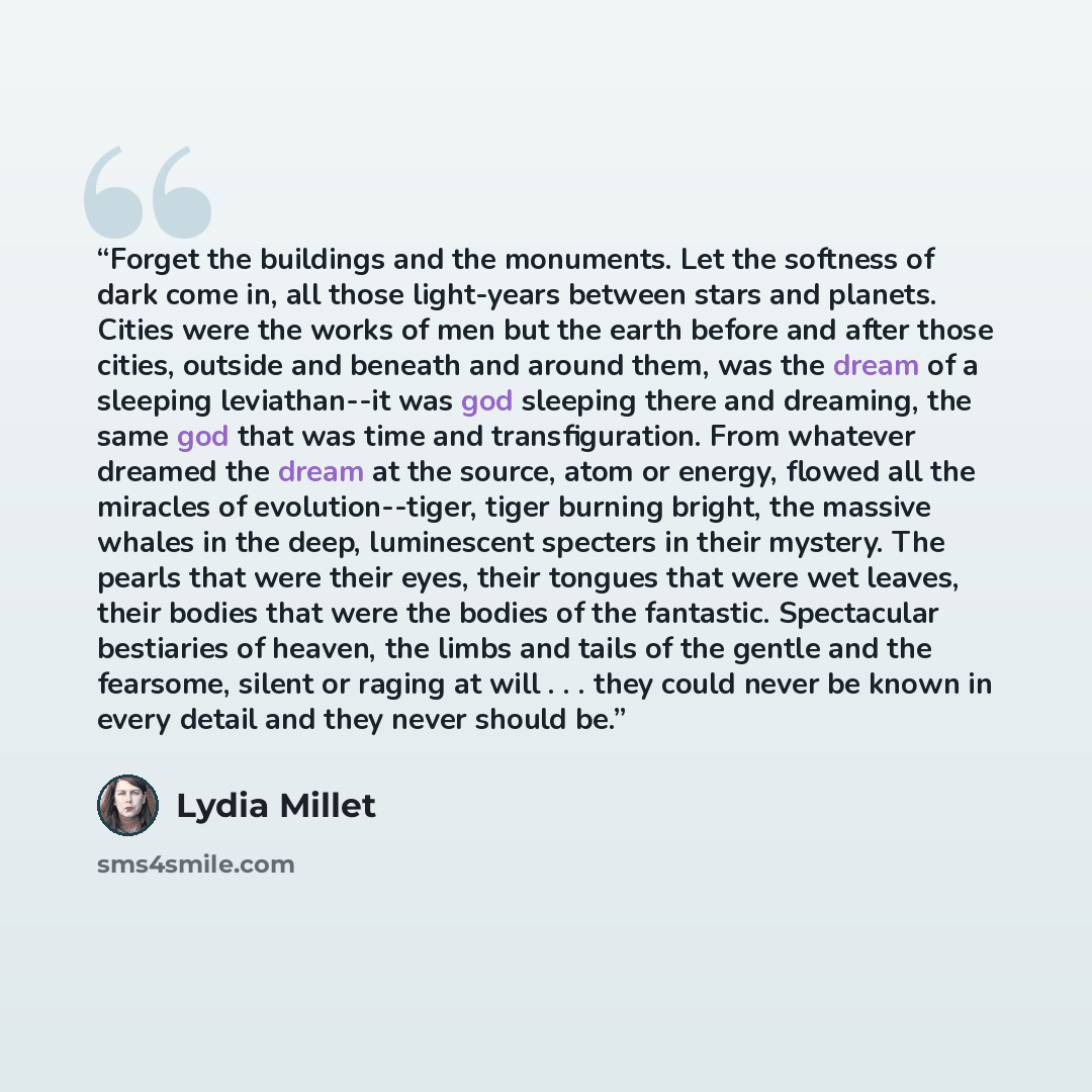 “Forget the buildings and the monuments. Let the softness of dark come in, all those light-years between stars and planets. Cities were the works of men but the earth before and after those cities, outside and beneath and around them, was the dream of a sleeping leviathan--it was god sleeping there…” quote by Lydia Millet
