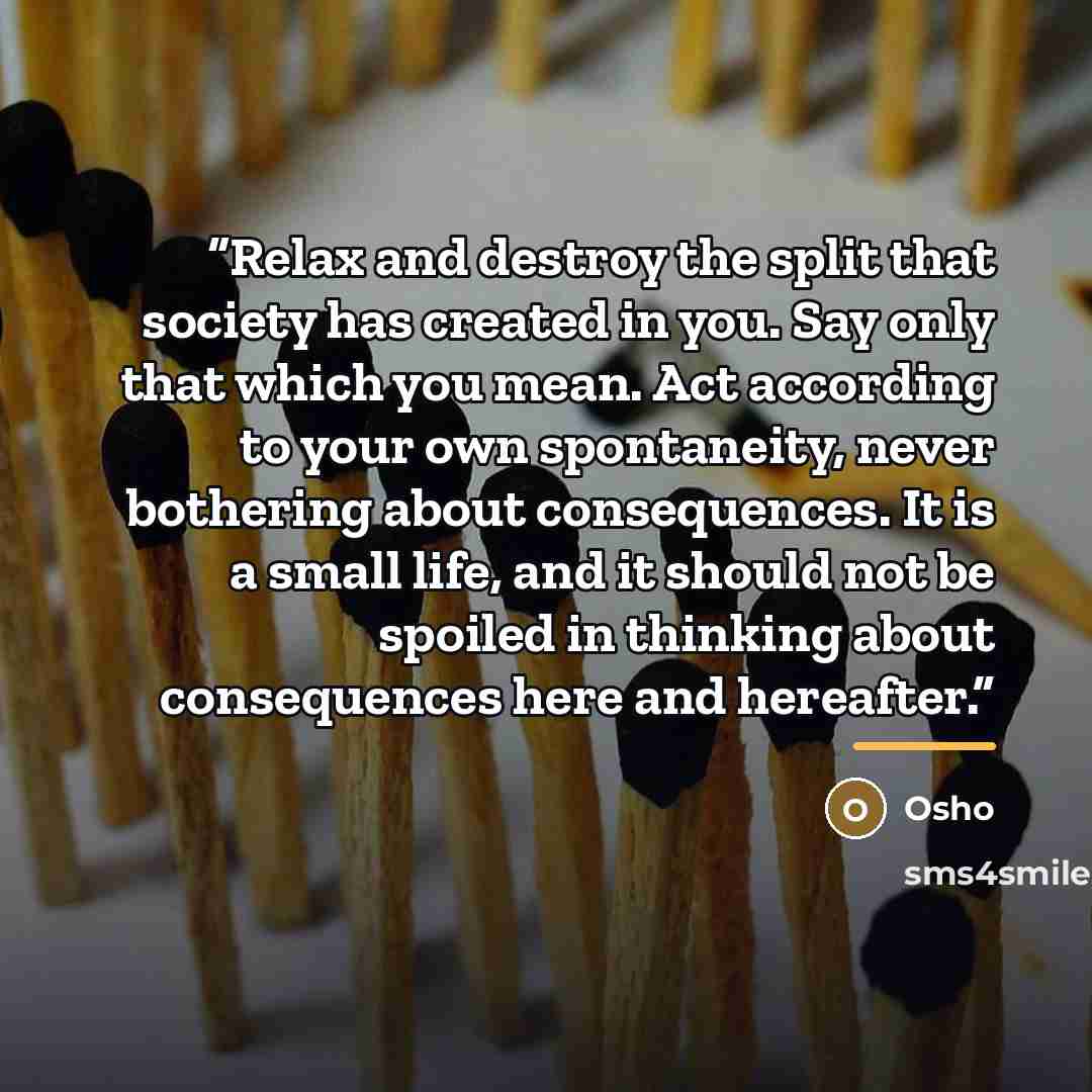“Relax and destroy the split that society has created in you. Say only that which you mean. Act according to your own spontaneity, never bothering about consequences. It is a small life, and it should not be spoiled in thinking about consequences here and hereafter.” quote by Osho