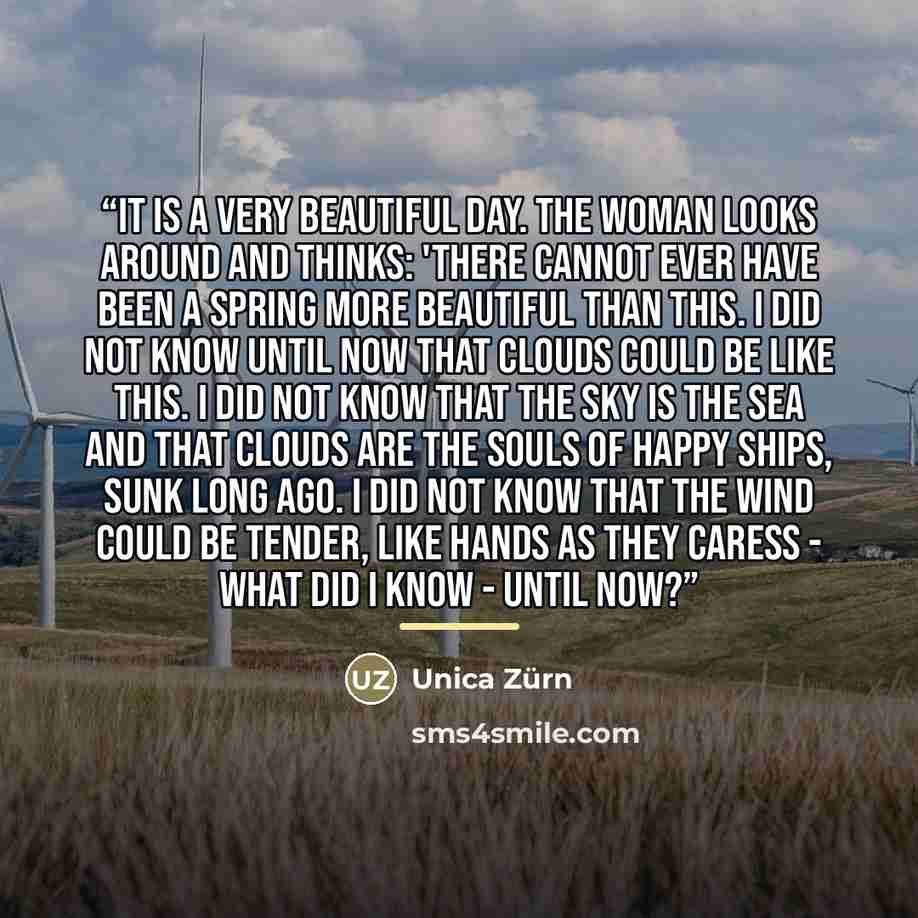 “It is a very beautiful day. The woman looks around and thinks: 'there cannot ever have been a spring more beautiful than this. I did not know until now that clouds could be like this. I did not know that the sky is the sea and that clouds are the souls of happy ships, sunk long ago. I did not know…” quote by Unica Zürn