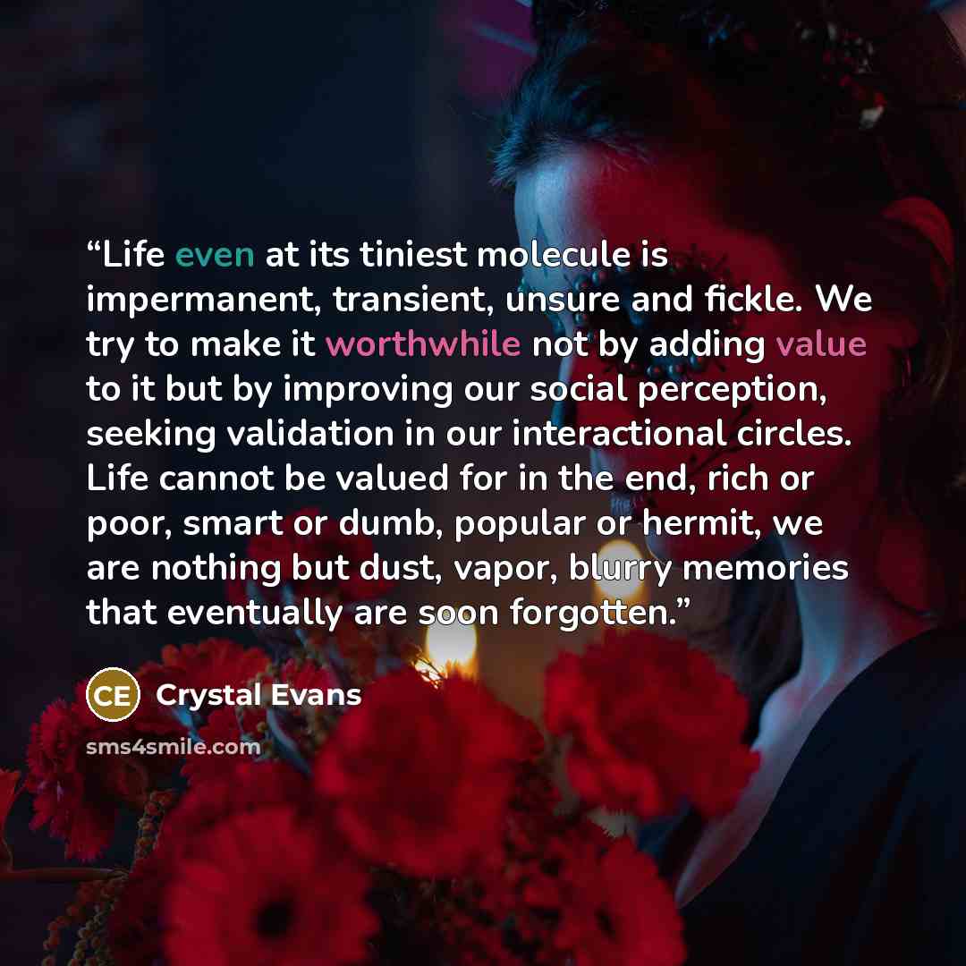 “Life even at its tiniest molecule is impermanent, transient, unsure and fickle. We try to make it worthwhile not by adding value to it but by improving our social perception, seeking validation in our interactional circles. Life cannot be valued for in the end, rich or poor, smart or dumb, popular…” quote by Crystal Evans