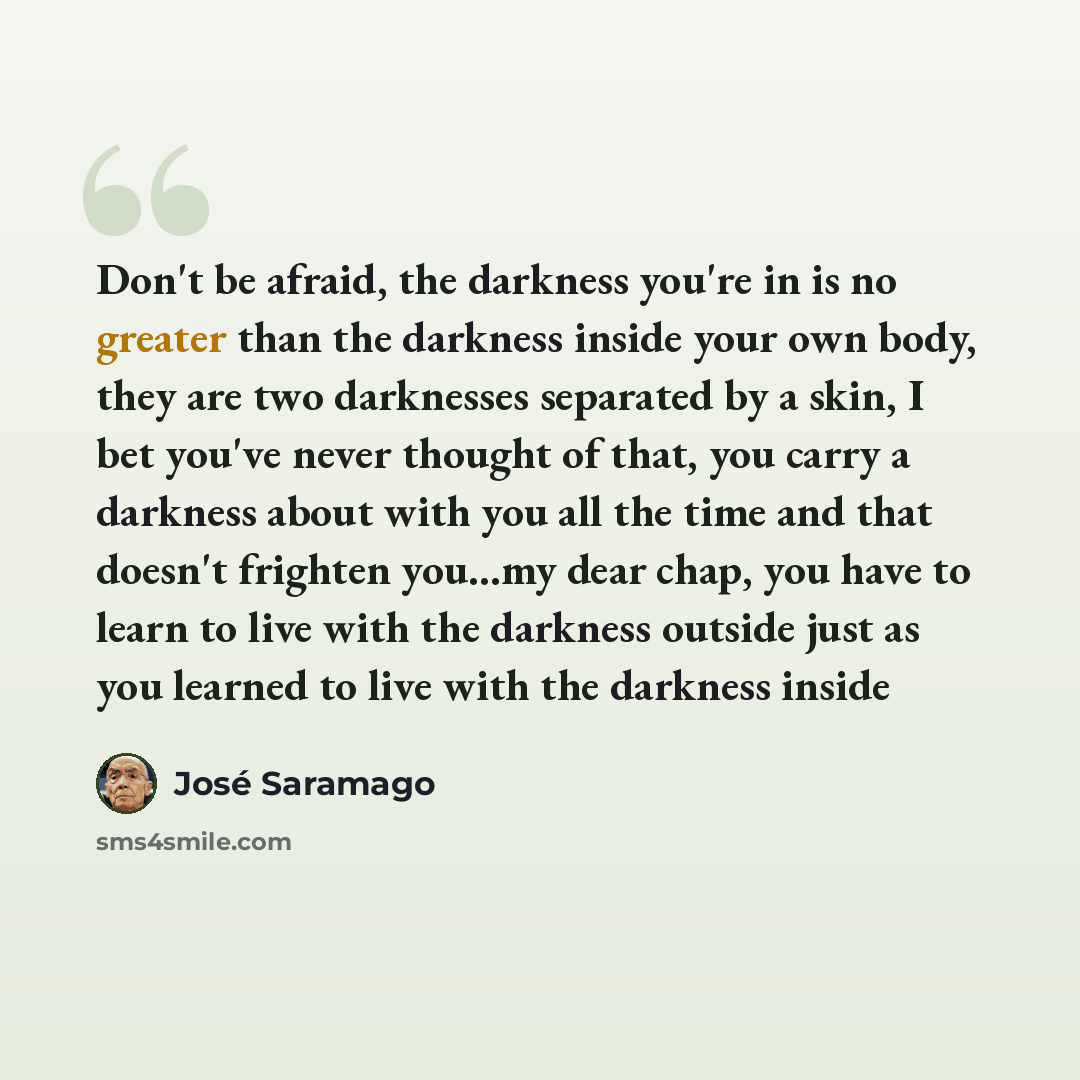 “Don't be afraid, the darkness you're in is no greater than the darkness inside your own body, they are two darknesses separated by a skin, I bet you've never thought of that, you carry a darkness about with you all the time and that doesn't frighten you...my dear chap, you have to learn to live…” quote by Jose Saramago