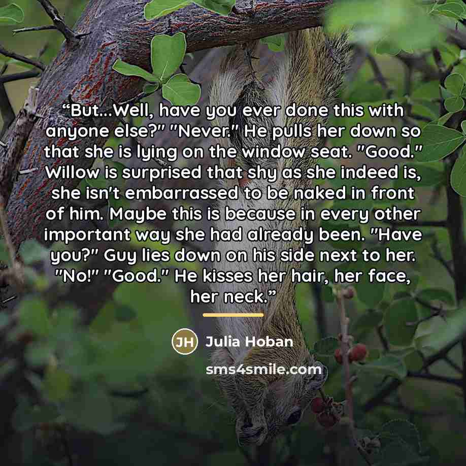 “But...Well, have you ever done this with anyone else?" "Never." He pulls her down so that she is lying on the window seat. "Good." Willow is surprised that shy as she indeed is, she isn't embarrassed to be naked in front of him. Maybe this is because in every other important way she had already…” quote by Julia Hoban