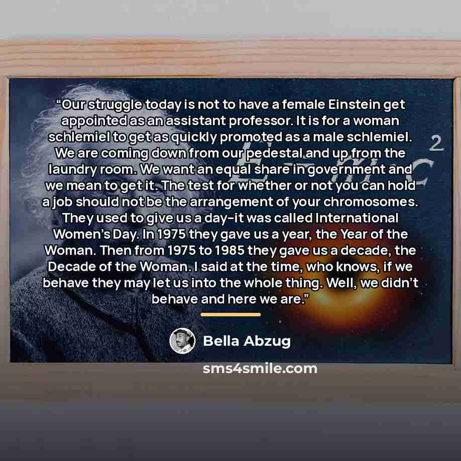 “Our struggle today is not to have a female Einstein get appointed as an assistant professor. It is for a woman schlemiel to get as quickly promoted as a male schlemiel. We are coming down from our pedestal and up from the laundry room. We want an equal share in government and we mean to get it…” quote by Bella Abzug