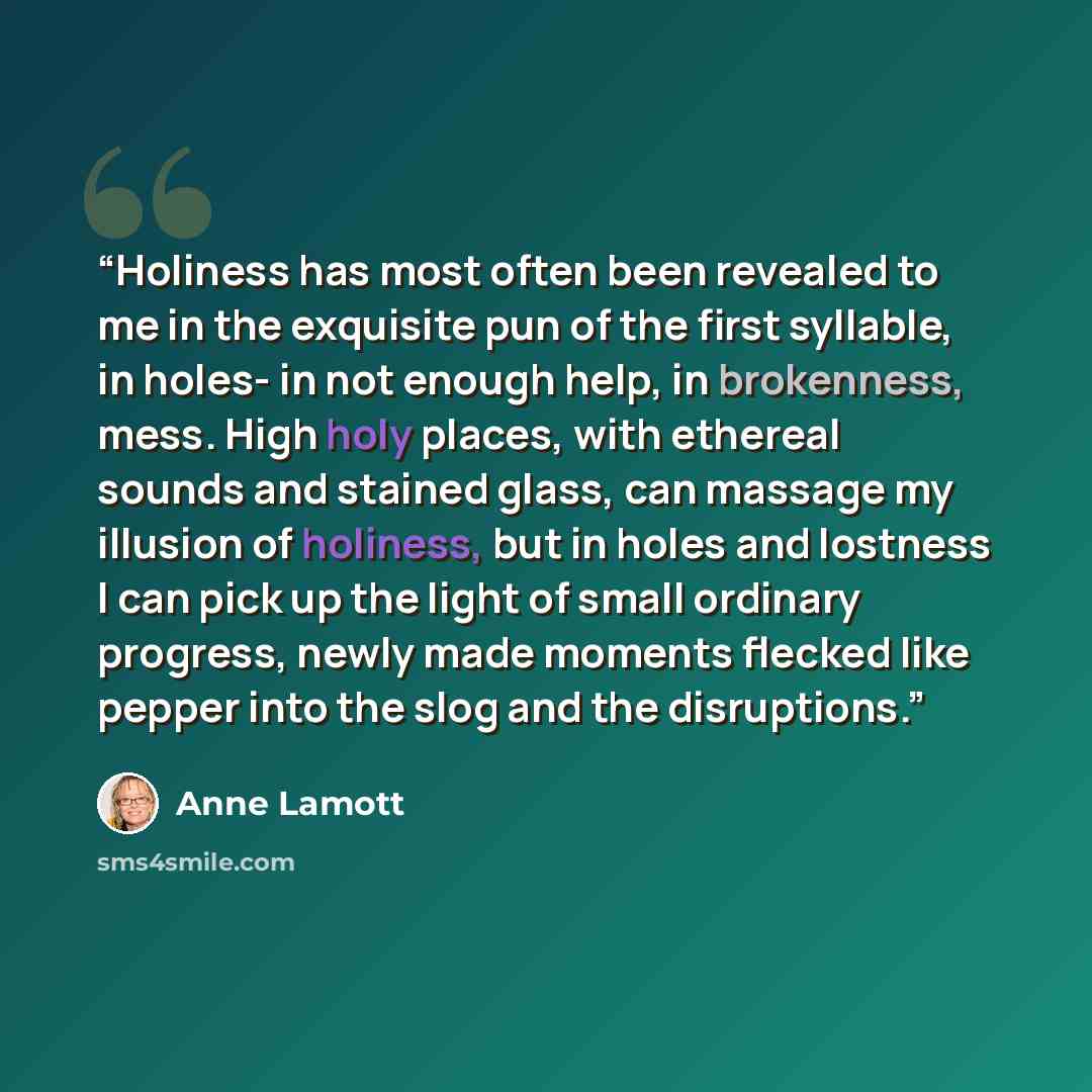 “Holiness has most often been revealed to me in the exquisite pun of the first syllable, in holes- in not enough help, in brokenness, mess. High holy places, with ethereal sounds and stained glass, can massage my illusion of holiness, but in holes and lostness I can pick up the light of small…” quote by Anne Lamott