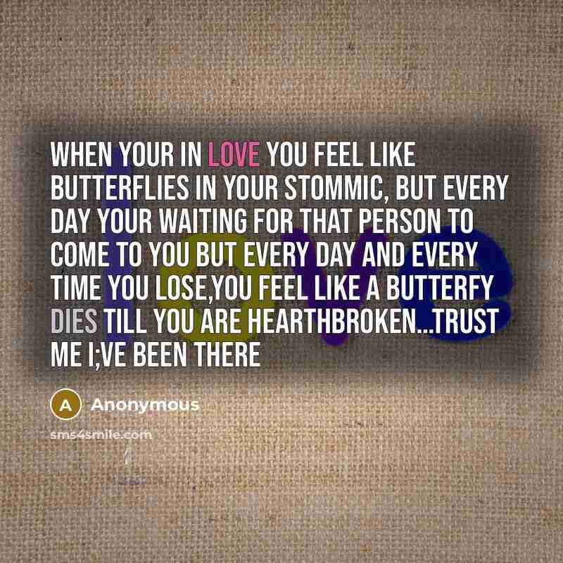 “When your in love you feel like butterflies in your stommic, but every day your waiting for that person to come to you but every day and every time you lose,you feel like a butterfy dies till you are hearthbroken…trust me i;ve been there” quote by Anonymous