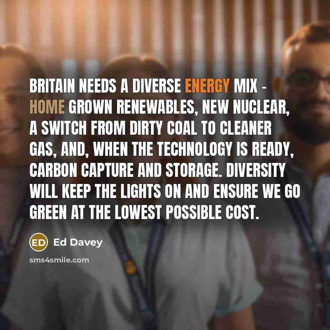 “Britain needs a diverse energy mix - home grown renewables, new nuclear, a switch from dirty coal to cleaner gas, and, when the technology is ready, carbon capture and storage. Diversity will keep the lights on and ensure we go green at the lowest possible cost.” quote by Ed Davey