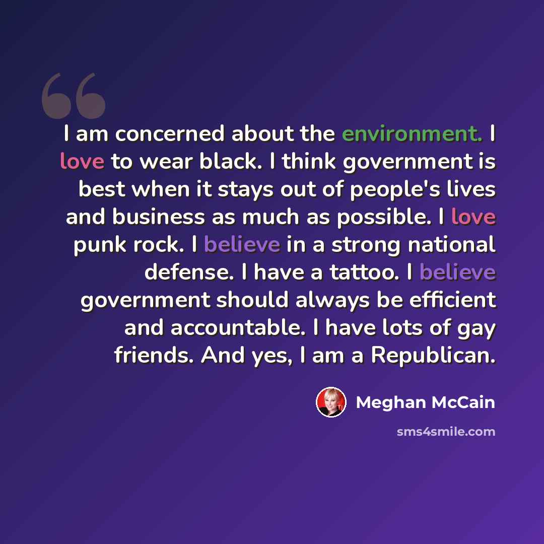 “I am concerned about the environment. I love to wear black. I think government is best when it stays out of people's lives and business as much as possible. I love punk rock. I believe in a strong national defense. I have a tattoo. I believe government should always be efficient and accountable. I…” quote by Meghan McCain