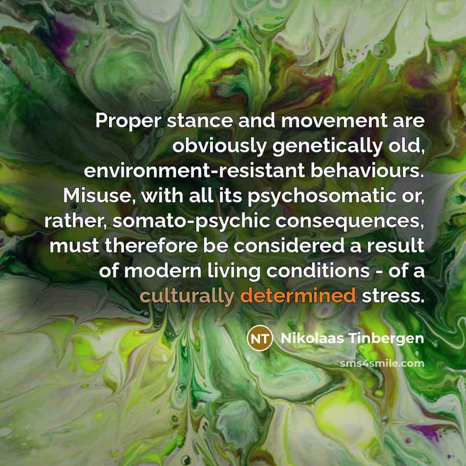 “Proper stance and movement are obviously genetically old, environment-resistant behaviours. Misuse, with all its psychosomatic or, rather, somato-psychic consequences, must therefore be considered a result of modern living conditions - of a culturally determined stress.” quote by Nikolaas Tinbergen