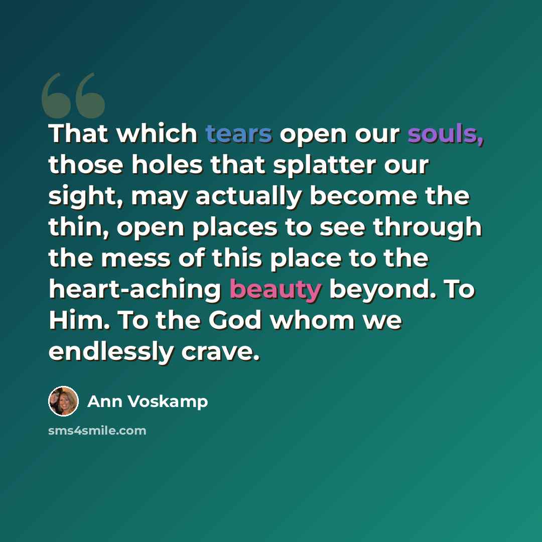 “That which tears open our souls, those holes that splatter our sight, may actually become the thin, open places to see through the mess of this place to the heart-aching beauty beyond. To Him. To the God whom we endlessly crave.” quote by Ann Voskamp