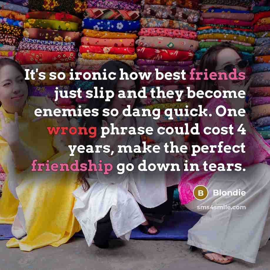 “It's so ironic how best friends just slip and they become enemies so dang quick. One wrong phrase could cost 4 years, make the perfect friendship go down in tears.” quote by Blondie