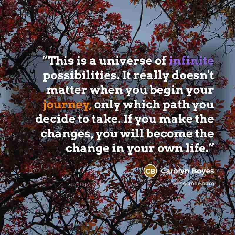 “This is a universe of infinite possibilities. It really doesn't matter when you begin your journey, only which path you decide to take. If you make the changes, you will become the change in your own life.” quote by Carolyn Boyes