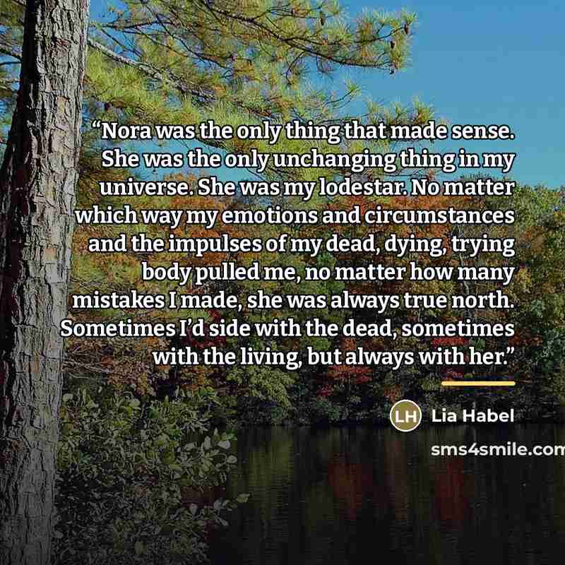 “Nora was the only thing that made sense. She was the only unchanging thing in my universe. She was my lodestar. No matter which way my emotions and circumstances and the impulses of my dead, dying, trying body pulled me, no matter how many mistakes I made, she was always true north. Sometimes I’d…” quote by Lia Habel