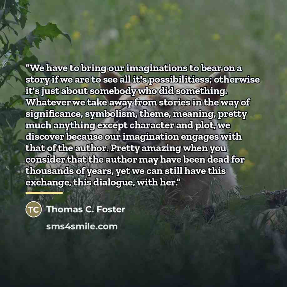 “We have to bring our imaginations to bear on a story if we are to see all it's possibilitiess; otherwise it's just about somebody who did something. Whatever we take away from stories in the way of significance, symbolism, theme, meaning, pretty much anything except character and plot, we discover…” quote by Thomas C. Foster