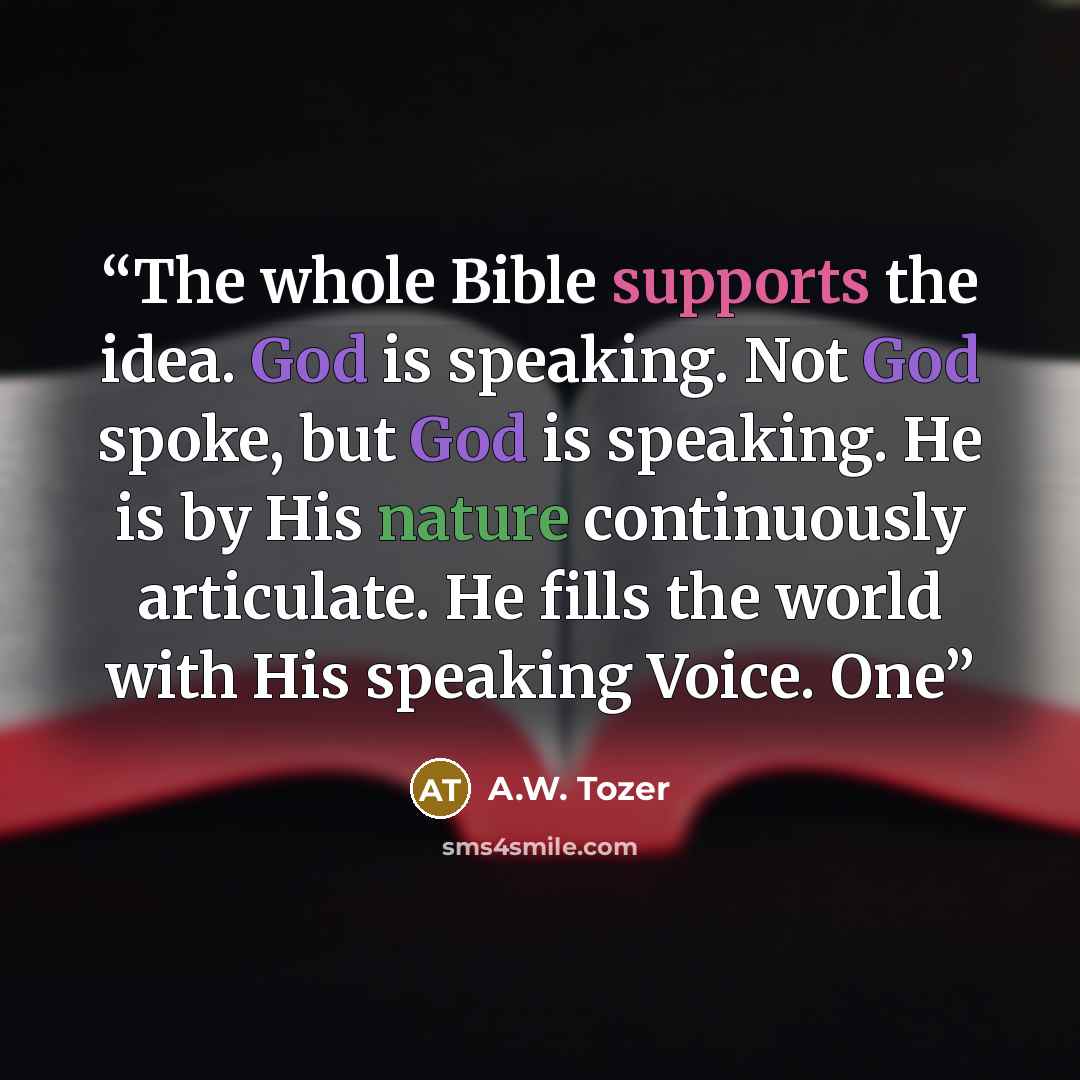 “The whole Bible supports the idea. God is speaking. Not God spoke, but God is speaking. He is by His nature continuously articulate. He fills the world with His speaking Voice. One” quote by A.W. Tozer