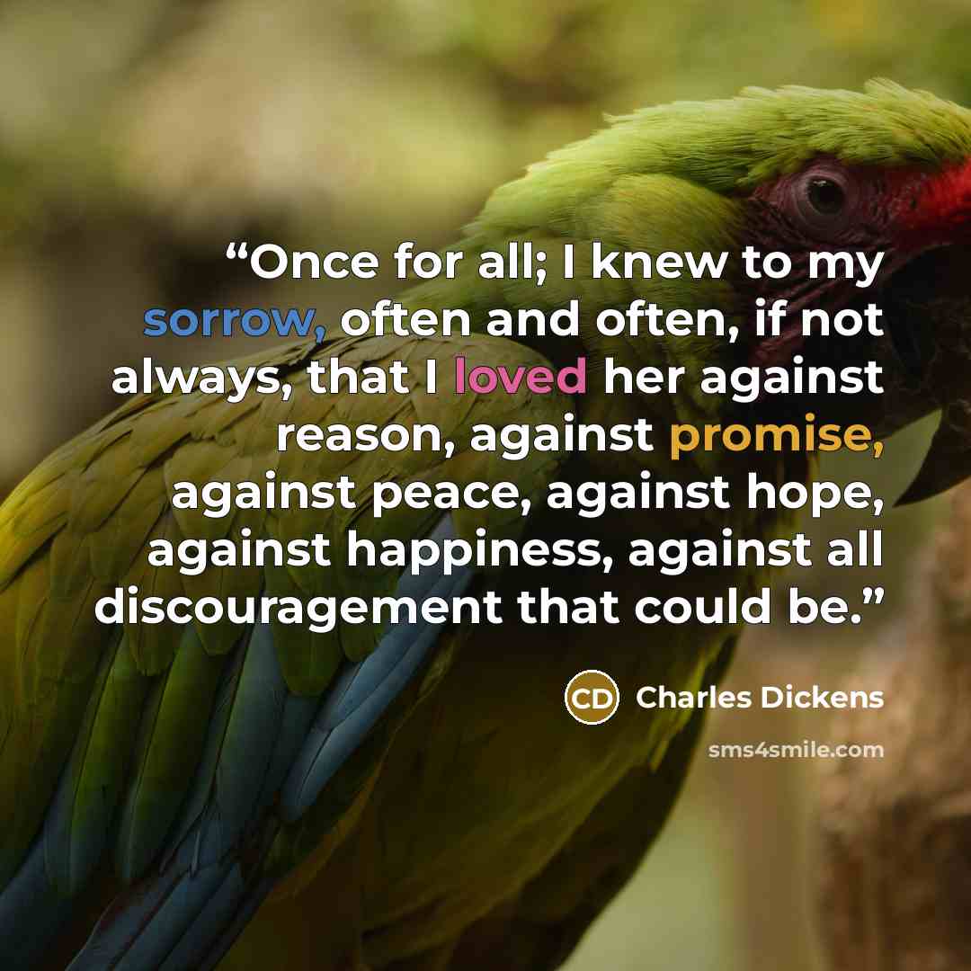 “Once for all; I knew to my sorrow, often and often, if not always, that I loved her against reason, against promise, against peace, against hope, against happiness, against all discouragement that could be.” quote by Charles Dickens