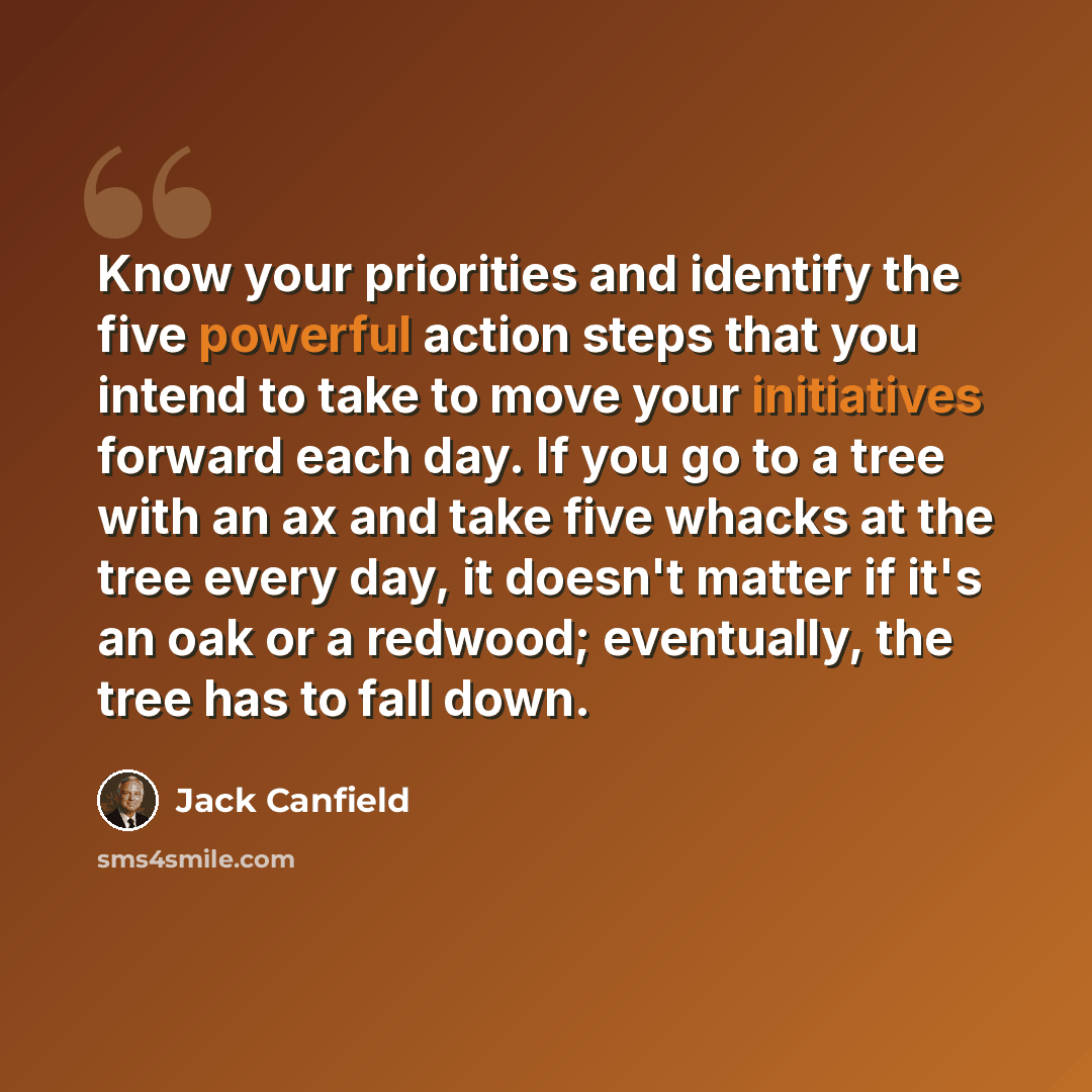 “Know your priorities and identify the five powerful action steps that you intend to take to move your initiatives forward each day. If you go to a tree with an ax and take five whacks at the tree every day, it doesn't matter if it's an oak or a redwood; eventually, the tree has to fall down.” quote by Jack Canfield