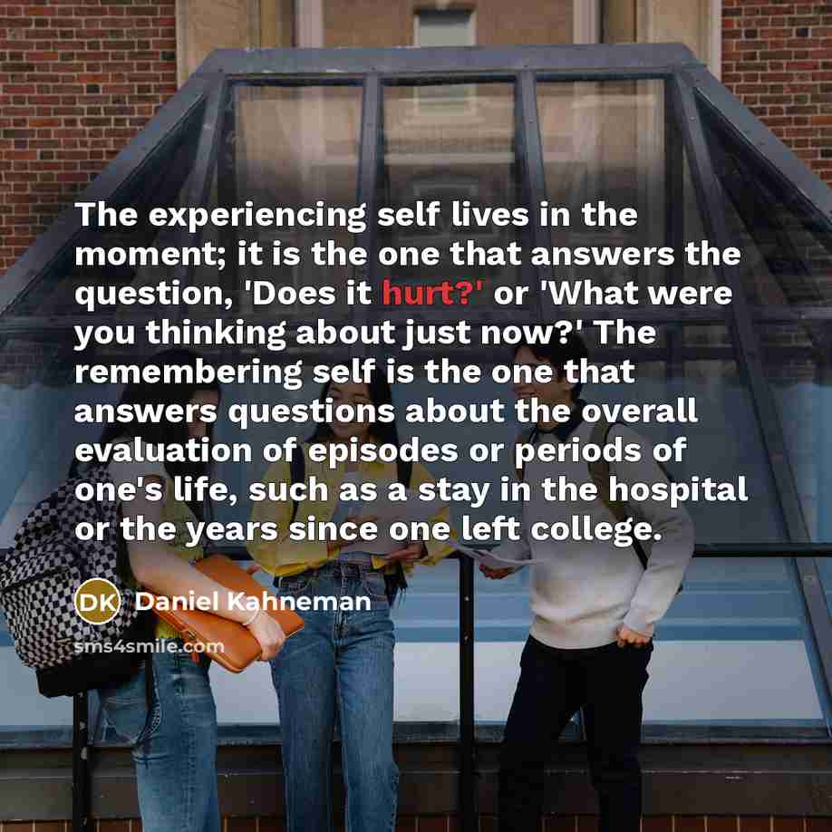 “The experiencing self lives in the moment; it is the one that answers the question, 'Does it hurt?' or 'What were you thinking about just now?' The remembering self is the one that answers questions about the overall evaluation of episodes or periods of one's life, such as a stay in the hospital…” quote by Daniel Kahneman