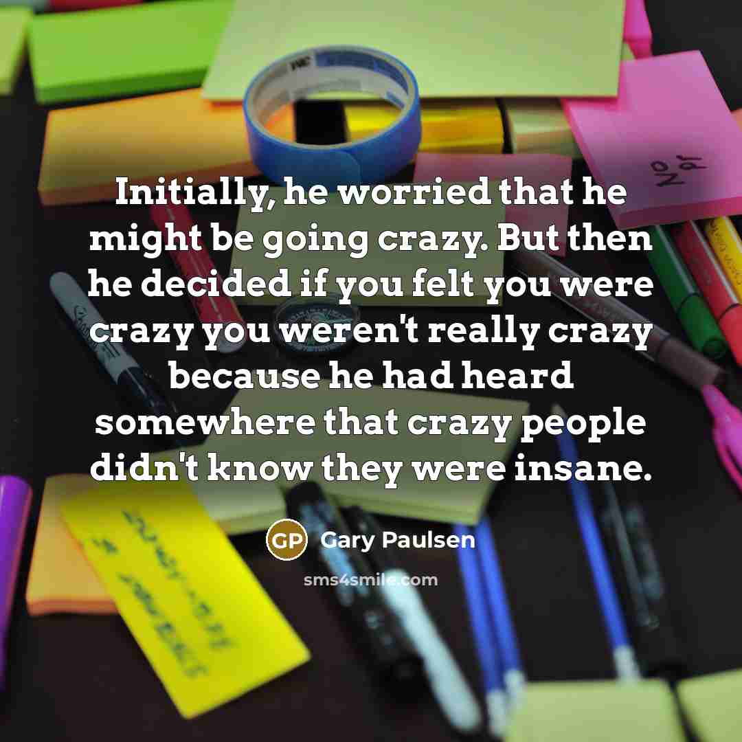 “Initially, he worried that he might be going crazy. But then he decided if you felt you were crazy you weren't really crazy because he had heard somewhere that crazy people didn't know they were insane.” quote by Gary Paulsen